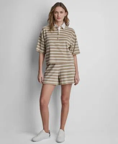 Dkny Jeans Womens Towelling Terry Stripe Boxy Polo Top High Rise Pull On Shorts In Multi