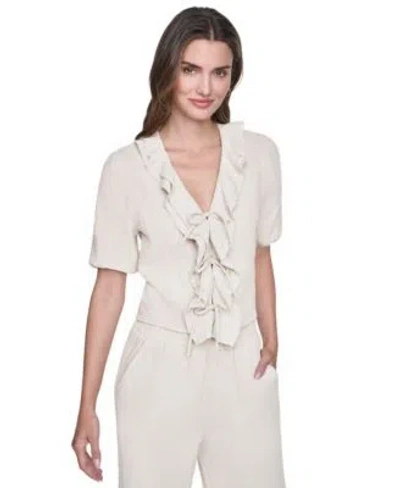 Dkny Jeans Womens V Neck Short Puff Sleeve Tie Front Shirt In Pebble