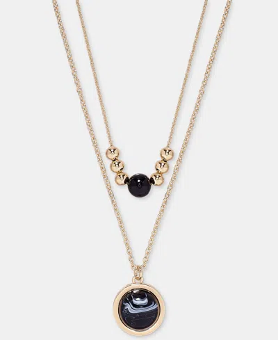 Dkny Jet Two Row Cabachon Pendant Necklace In Black