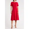 Dkny Short Sleeve Jewel Neck Suede Midi Dress In Red