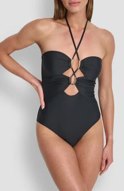 Dkny Jeweled Cutout One-piece Halter Swimsuit In Black