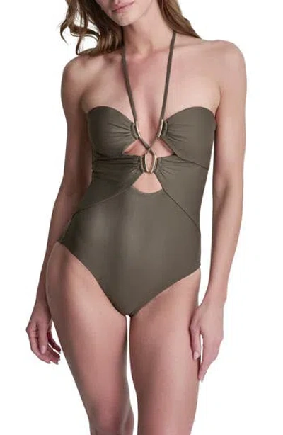 Dkny Jeweled Cutout One-piece Halter Swimsuit In Matte Brown