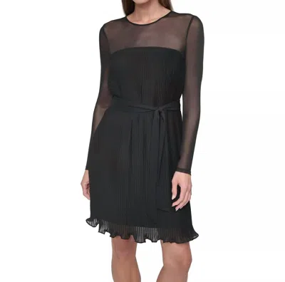 Dkny Jewel-neck Belted A-line Pleated Mesh Dress In Black