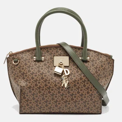 Pre-owned Dkny Khaki Brown/green Monogram Coated Canvas And Leather Padlock Charm Satchel