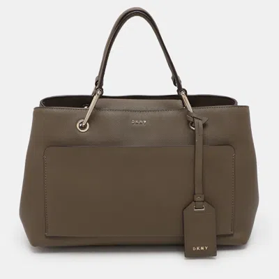 Dkny Khaki Green Leather Tote In Brown