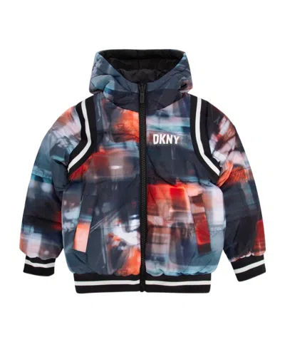 Dkny Kids Printed Hooded Jacket In Black