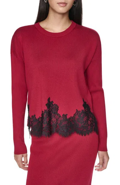 Dkny Lace Trim Crewneck Sweater In Red