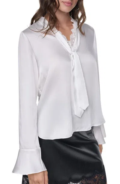 Dkny Lace Trim Tie Neck Top With Bell Sleeves In White
