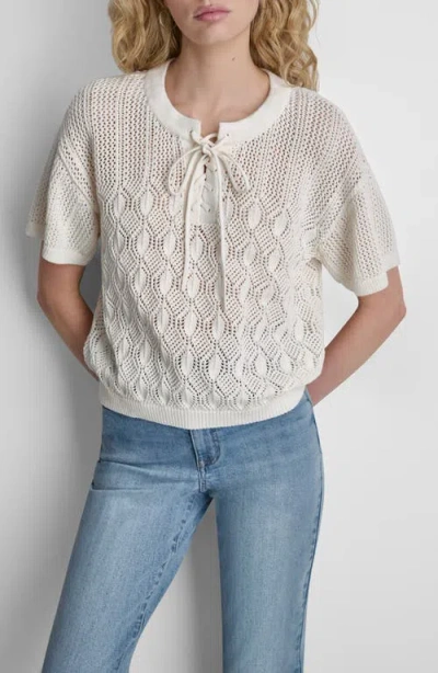Dkny Lace-up Placket Short Sleeve Semisheer Cotton Blend Pointelle Sweater In White