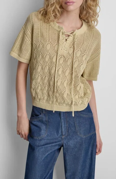 Dkny Lace-up Placket Short Sleeve Semisheer Cotton Blend Pointelle Sweater In Yellow
