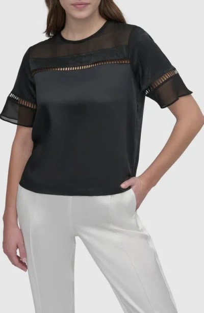 Dkny Ladder Embroidery Short Sleeve Woven Shirt In Black
