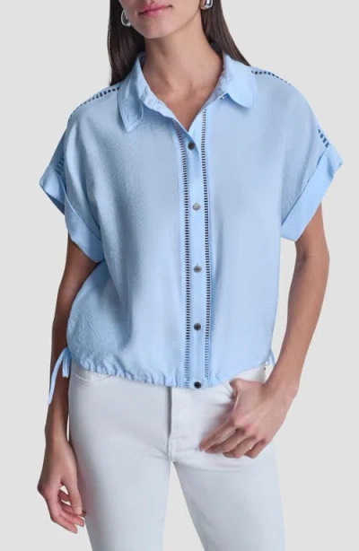 Dkny Ladder Lace Detail Short Sleeve Button-up Shirt In Blue