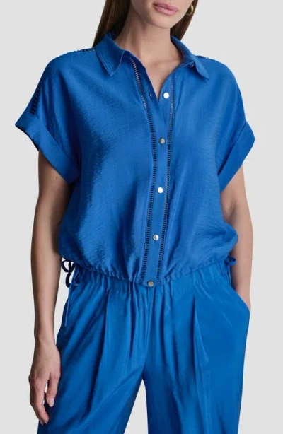Dkny Ladder Lace Detail Short Sleeve Button-up Shirt In Blue