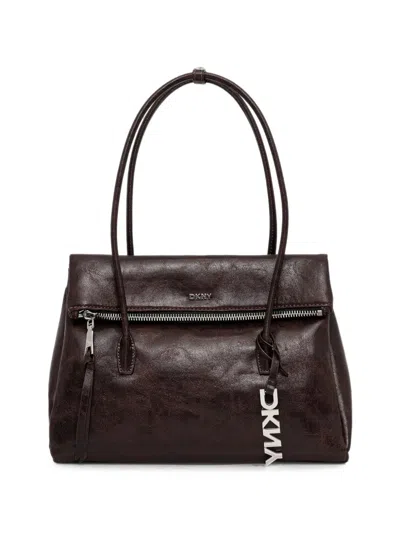 Dkny Large Rivington Logo-plaque Foldover Tote Bag In Brown