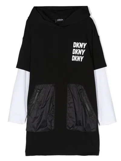 Dkny Kids' Layered Hooded Sweater Dress In Black