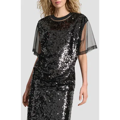 Dkny Women's Sequined Layered Short Sleeves Mesh Top In Black