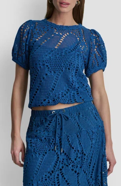 Dkny Leaf Open Stitch Cotton Blend Knit Top In Blue
