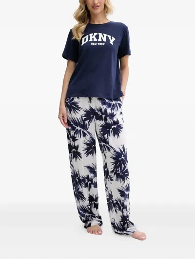 Dkny Leaf-print Drawstring Pyjamas In Blue
