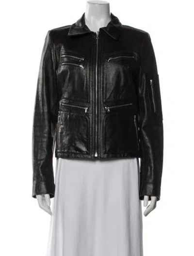 Pre-owned Dkny Leather Biker Jacket In Black