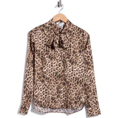 Dkny Leopard Print Satin Tie Neck Shirt In Animal Print