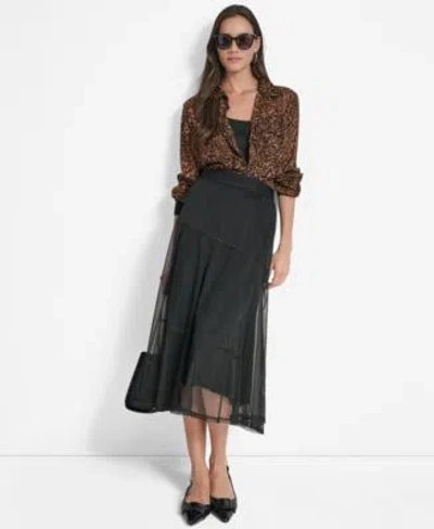 Dkny Leopard Print Shirt Mesh Midi Skirt