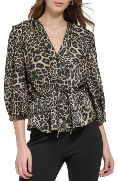 Dkny Leopard Print Tie Waist Satin Blouse In Safari Khaki/black