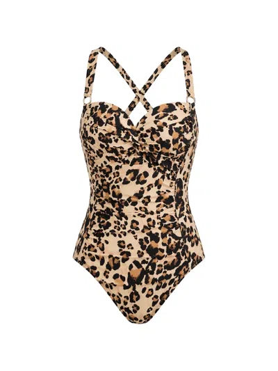 Dkny Leopard-print Ruched Swimsuit In Multi