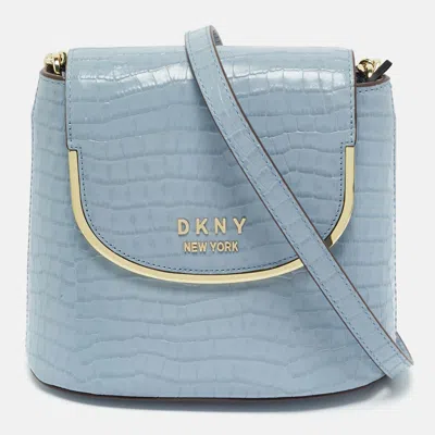 Pre-owned Dkny Light Blue Croc Embossed Leather Faith Flap Bucket Bag