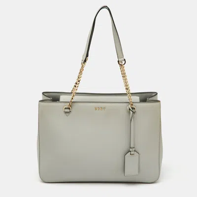 Dkny Light Grey Saffiano Leather Chain Tote In Silver
