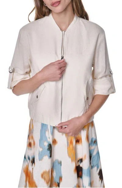 Dkny Linen Blend Bomber Jacket In White