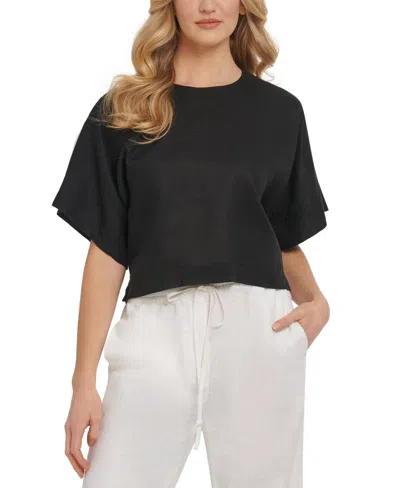 DKNY LINEN DROP SHOULDER SHORT SLEEVE TOP