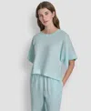 Dkny Linen Drop Shoulder Short Sleeve Top In Blue