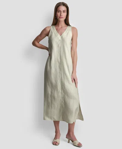 Dkny Linen V-neck Maxi Dress In Brown