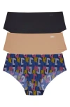 Dkny Litewear Cut Anywhere Assorted 3-pack Hipster Briefs In Black/glow/striped Logo