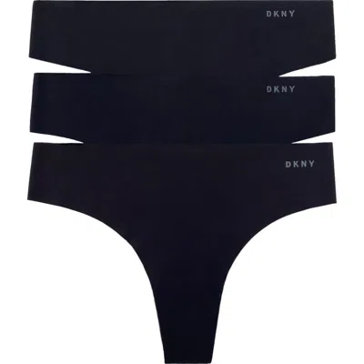 Dkny Litewear Cut Anywhere 3-pack Thongs In Black/graphite