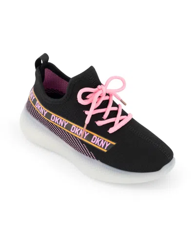Dkny Kids' Little And Big Girls Slip On Landon Stretchy Knit Sneakers In Black And Pink