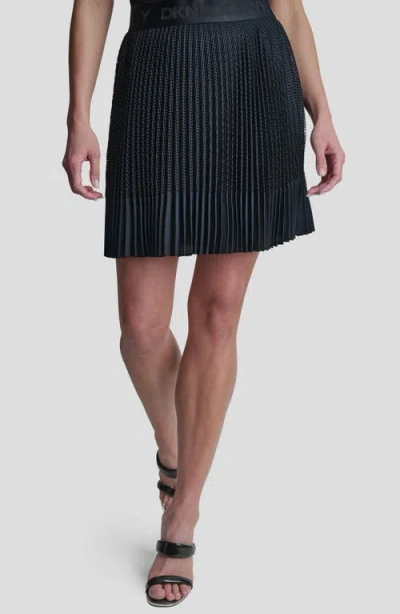 Dkny Logo Band Mixed Media Pleated Miniskirt In Black