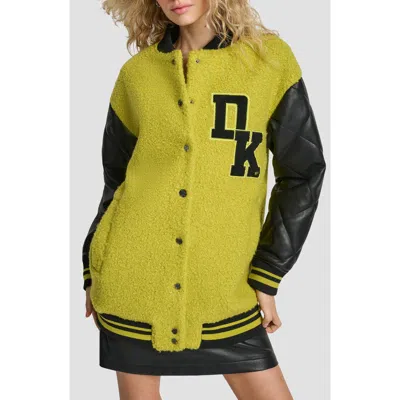 Dkny Logo Bouclé & Faux Leather Varsity Jacket In Yellow