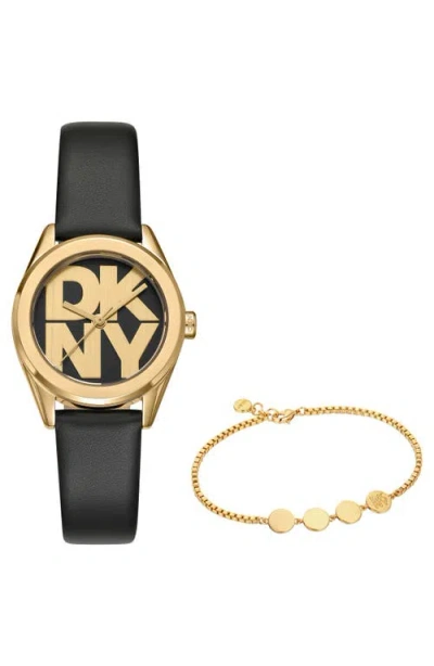 Dkny Logo Collection Leather Strap Watch & Bracelet Set, 28mm In Neutral