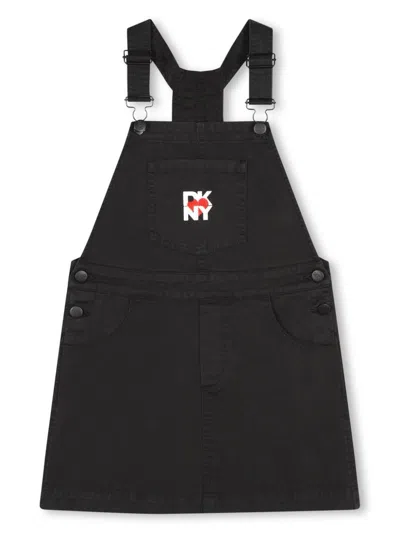 Dkny Kids' Logo-embroidered Denim Dungaree Dress In Black
