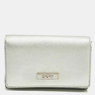 Dkny Logo Flap Silver Leather Wallet In Gray