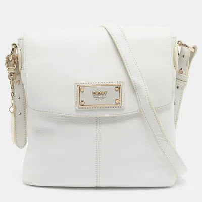 Pre-owned Dkny Logo Flap White Leather Crossbody Bag