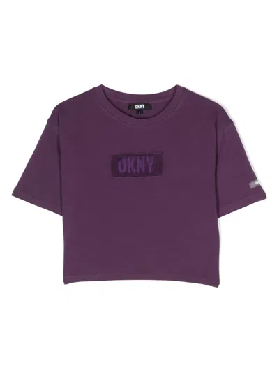 Dkny Kids' Logo-patch Cropped T-shirt In Purple