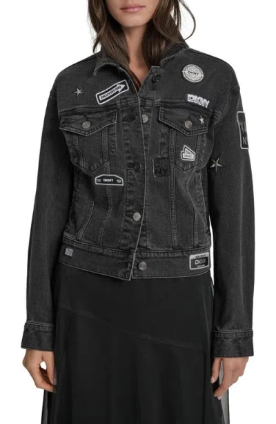 Dkny Logo Patch Denim Trucker Jacket In Black