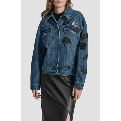 Dkny Logo Patch Denim Trucker Jacket In Brown