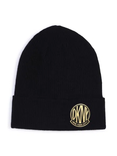 Dkny Kids' Logo-patch Knitted Beanie In Black