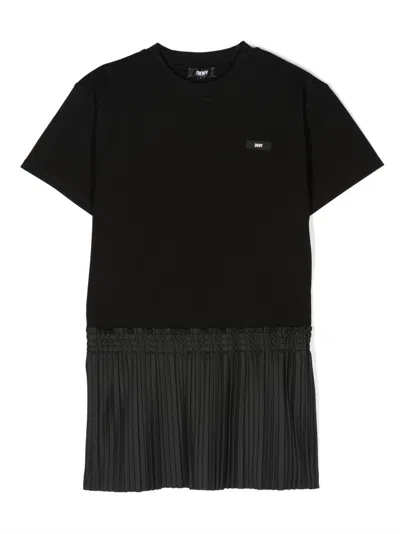 Dkny Kids' Logo-patch Pleated T-shirt Dress In Black
