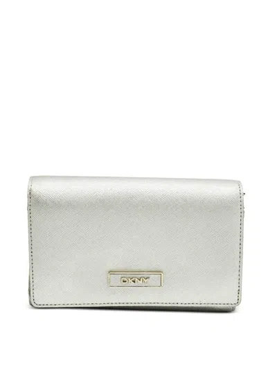 Pre-owned Dkny Logo Plaque Flap Wallet In Silver
