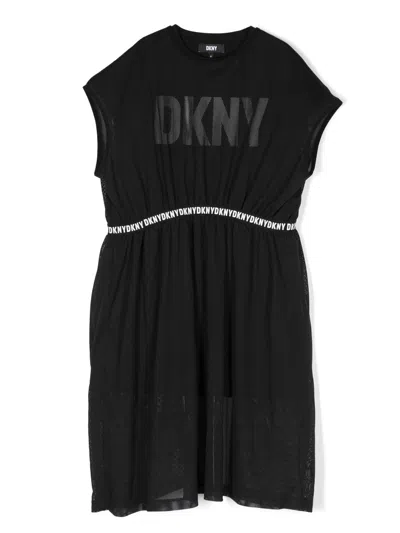 Dkny Kids' Logo-print Mesh Dress In Black