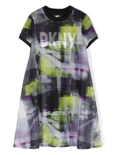 Dkny Kids' Logo-print Mesh-overlay Dress In Green